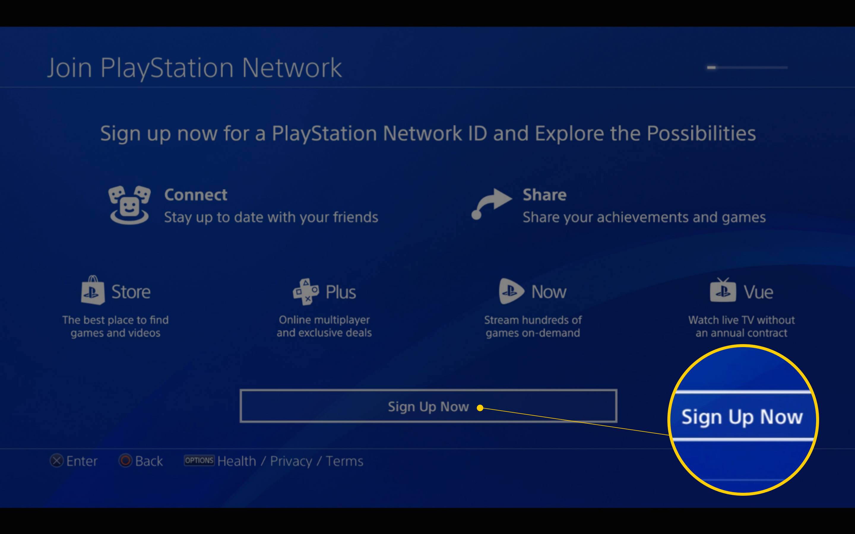 Tlačítko Zaregistrovat se nyní na obrazovce Připojit se k síti PlayStation Network na systému PS4