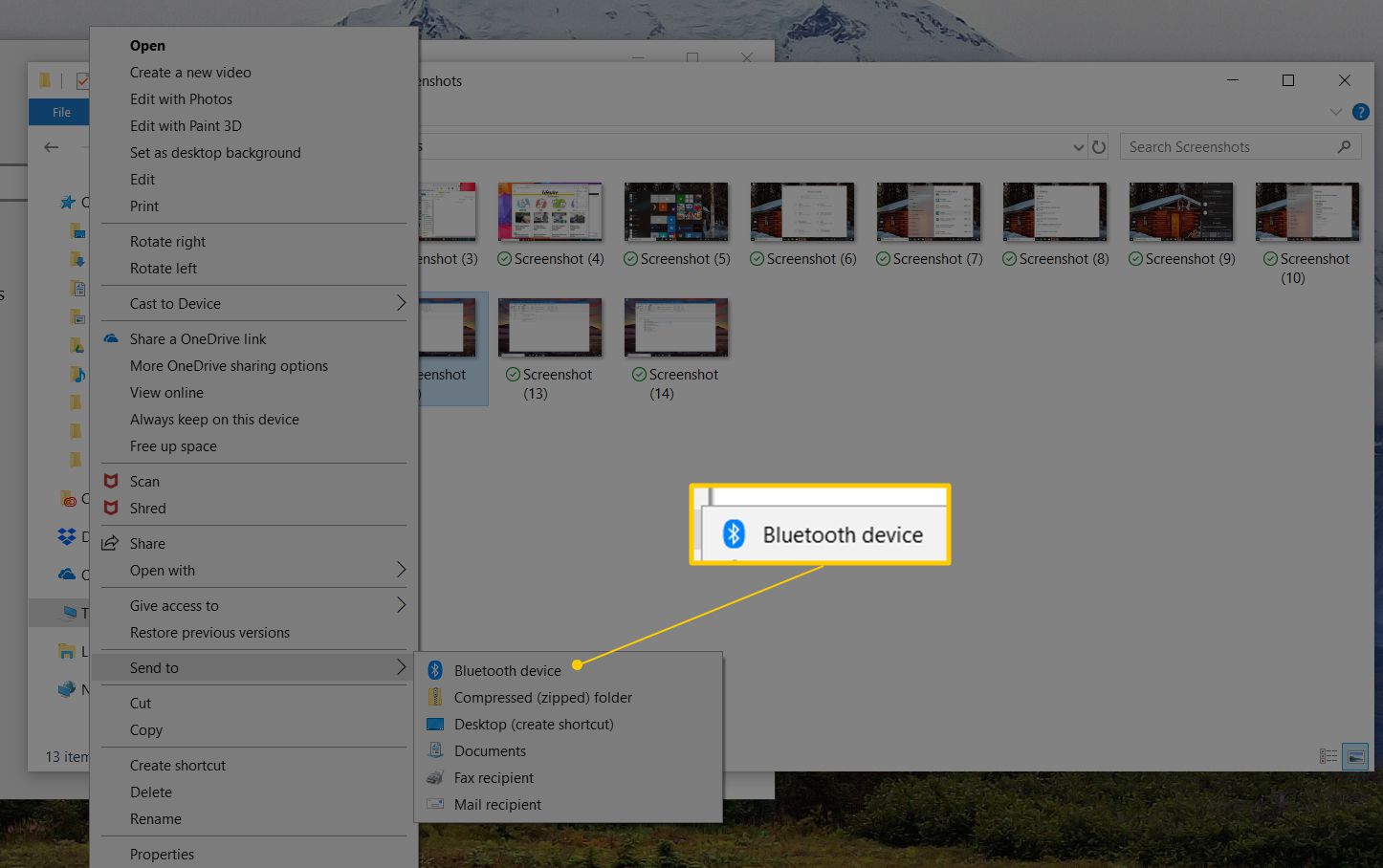 V systému Windows 10 odešlete nabídku pravým tlačítkem do zařízení Bluetooth