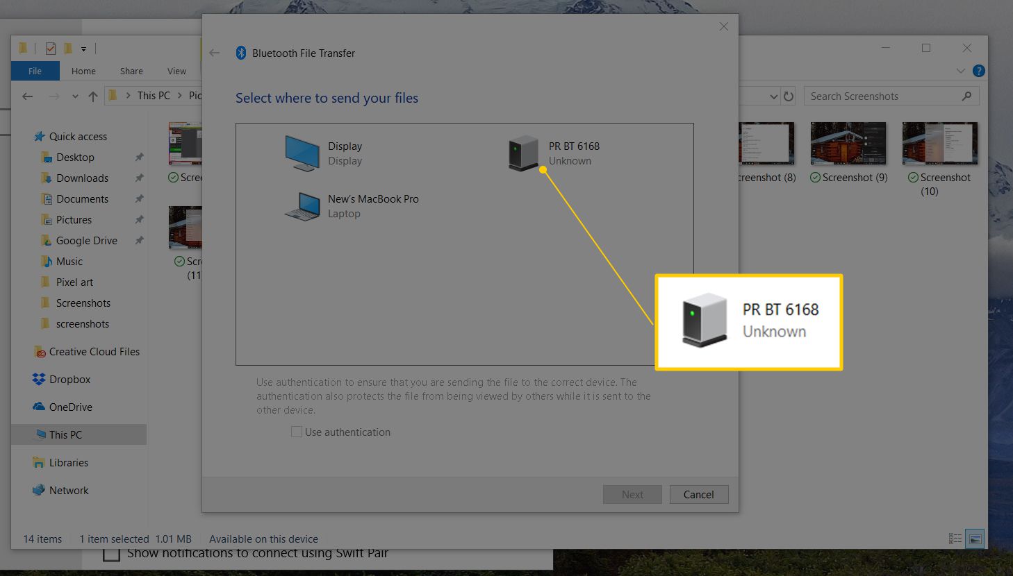Vybrané zařízení k odeslání souboru Bluetooth do systému Windows 10