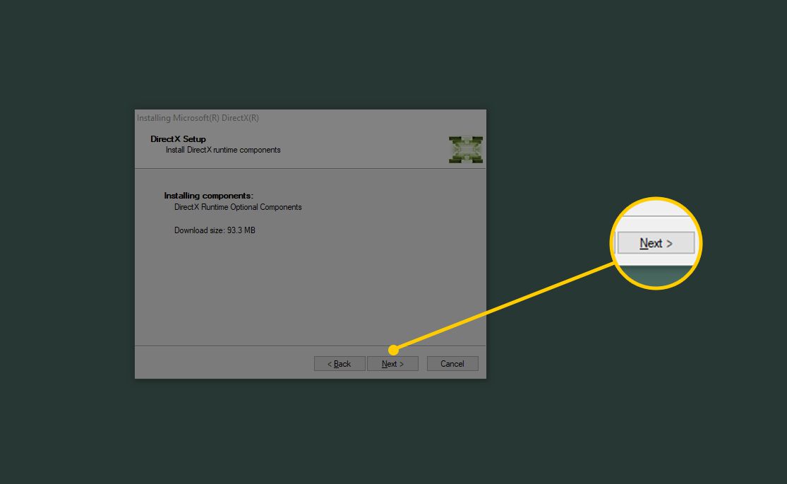 Screenshot dialogového okna instalace DirectX ve Windows 10 se zaměřením na tlačítko Další