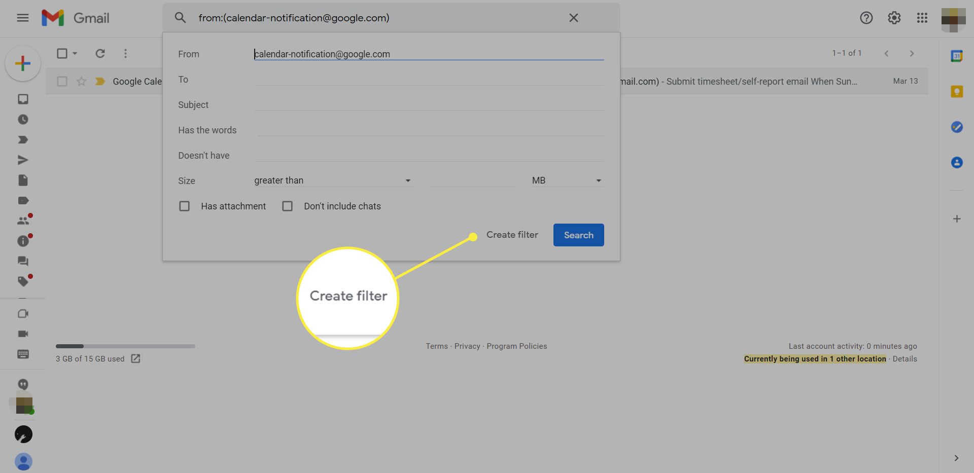 Okno filtru v Gmailu se zvýrazněným „Vytvořit filtr“
