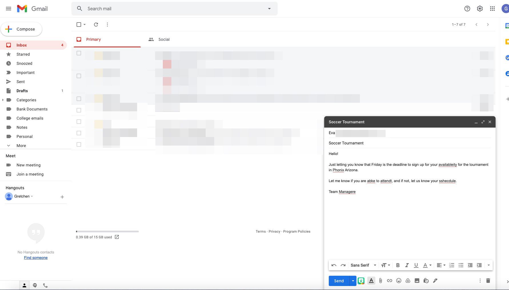 Nový ukázka zpráv v Gmailu s překlepy