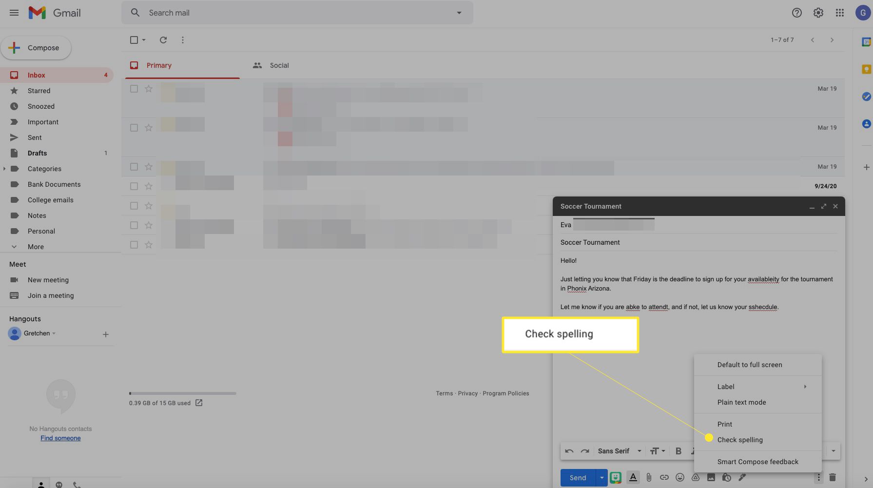 Zpráva v Gmailu se zvýrazněnou kontrolou pravopisu