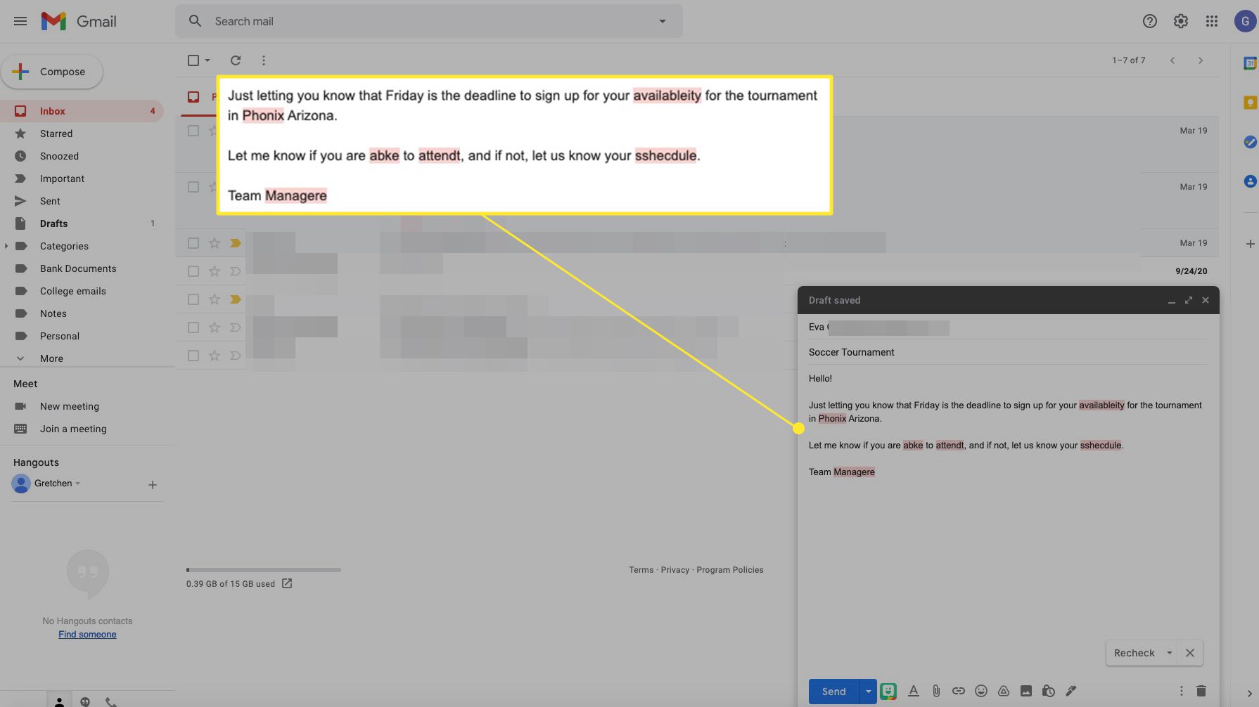 Zpráva v Gmailu se zvýrazněnými pravopisnými chybami