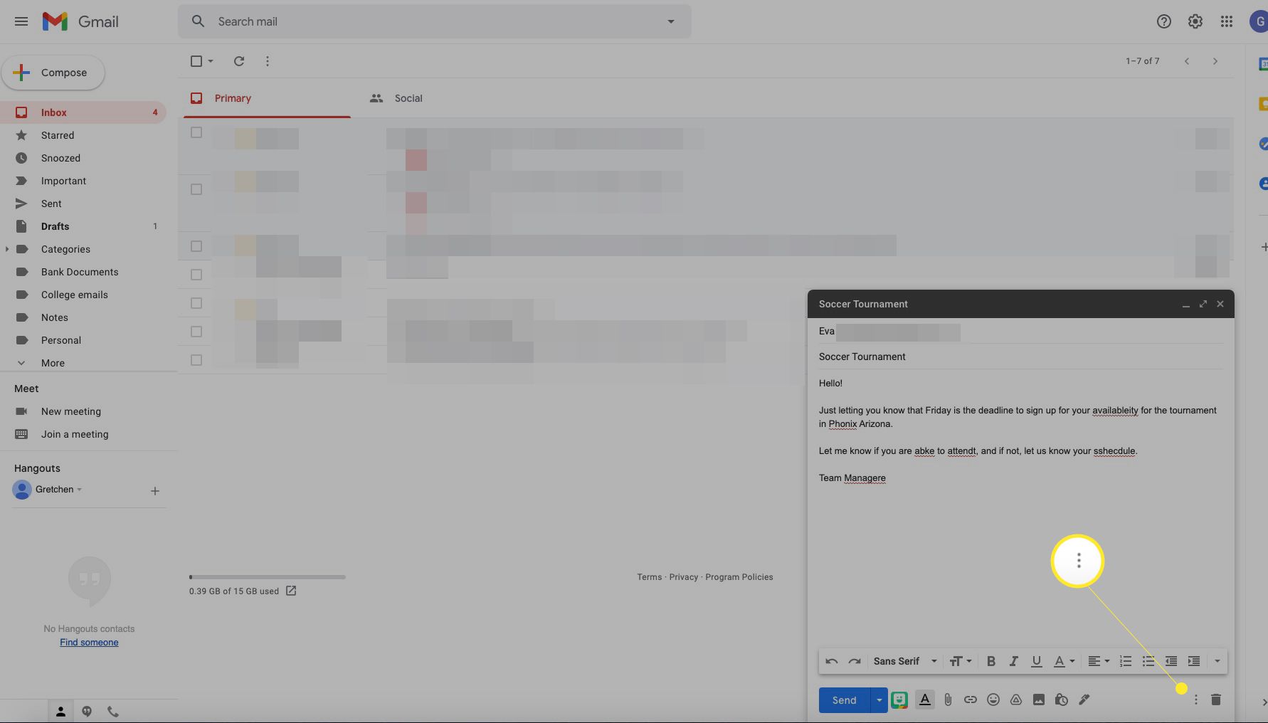 Zpráva v Gmailu se zvýrazněnou ikonou Další možnosti (tři tečky)