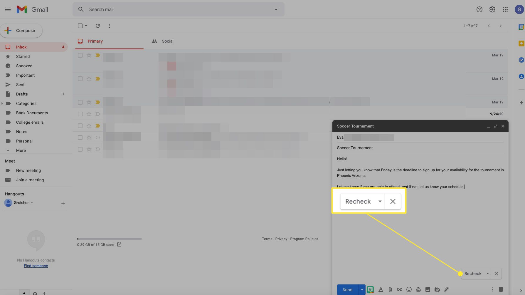 Možnosti kontroly pravopisu v Gmailu se zvýrazněným Recheckem