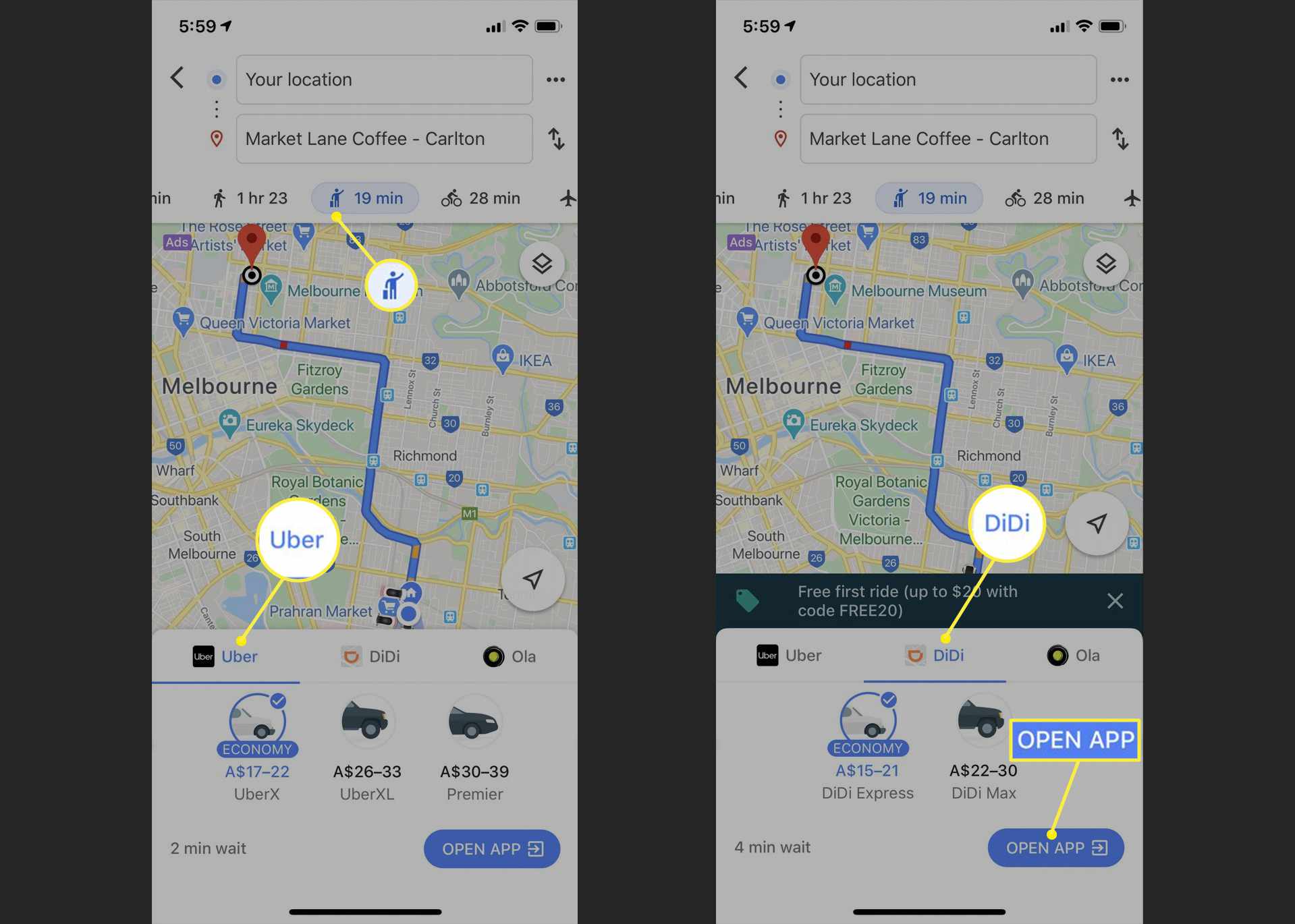 Možnosti Uber a Didi v Mapách Google