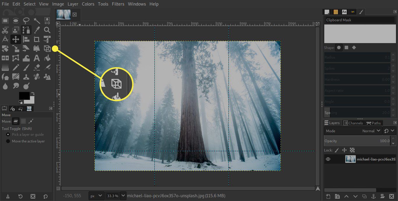 Snímek obrazovky GIMP se zvýrazněným nástrojem Perspective Tool