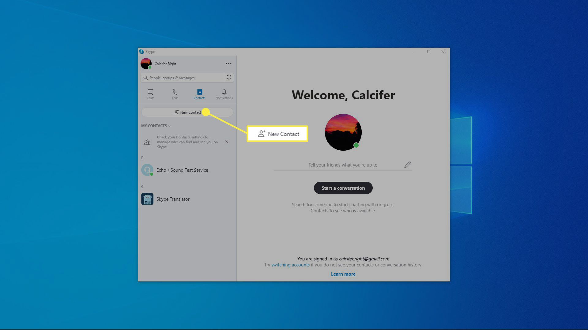 Snímek obrazovky sekce Kontakty aplikace Skype.