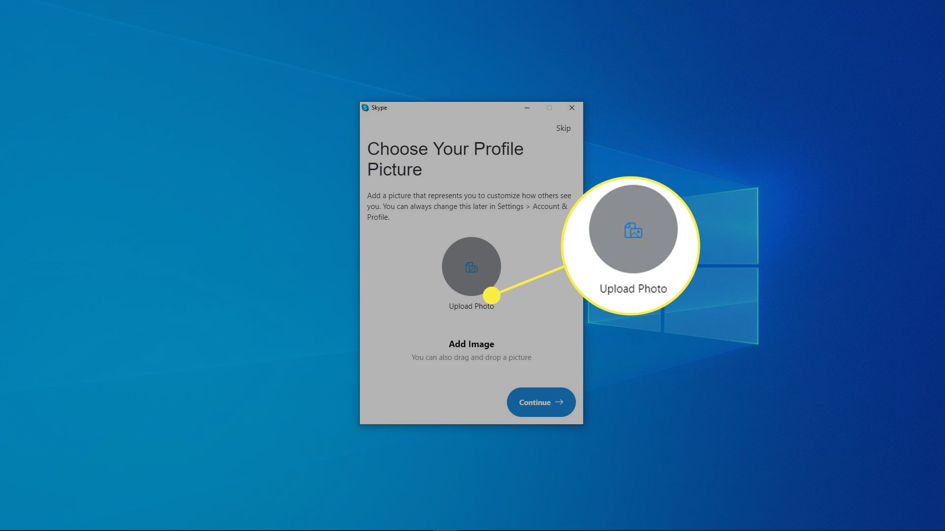 Snímek obrazovky s výběrem profilového obrázku Skype.