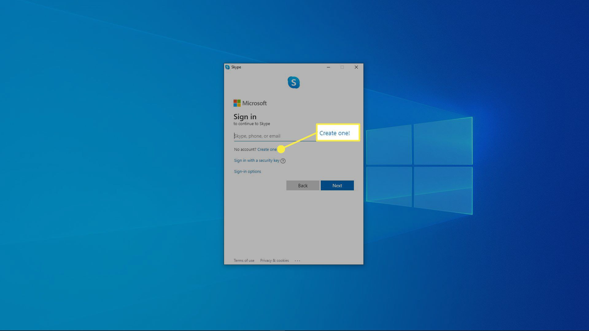 Screenshot přihlašovací obrazovky instalačního programu Skype.