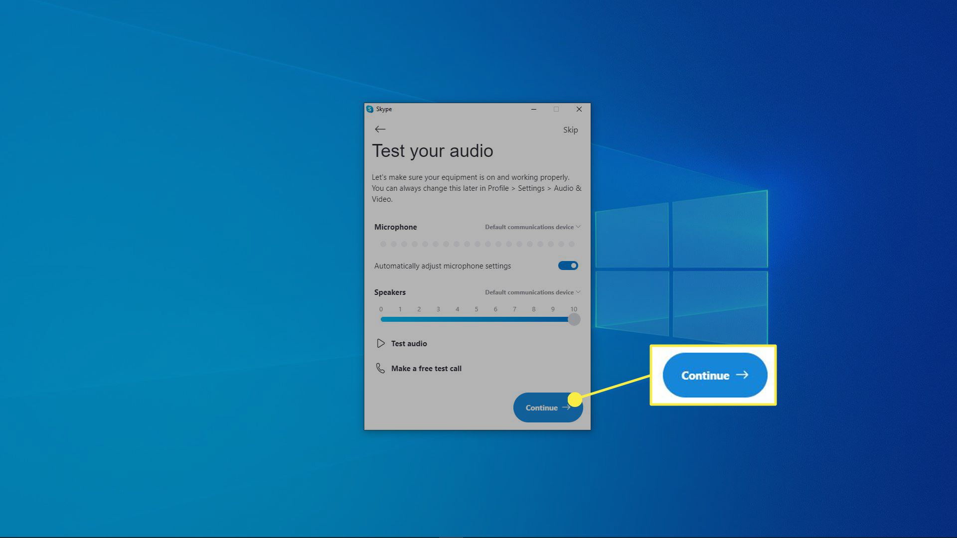 Snímek obrazovky se zvukovým testem Skype.