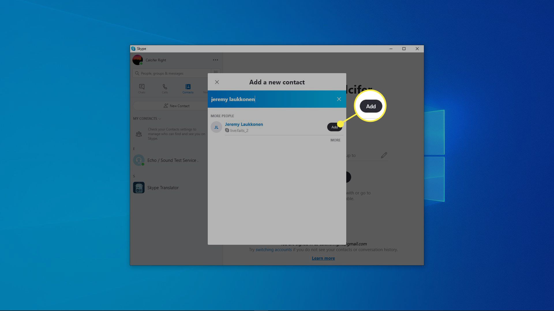 Snímek obrazovky s výsledky vyhledávání kontaktů ve Skypu.