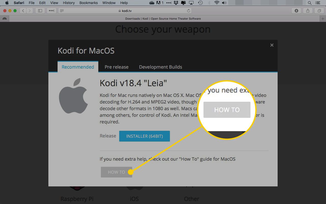 Okno Kodi pro MacOS se zvýrazněným tlačítkem Jak na to