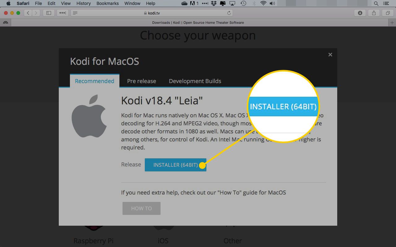 Okno Kodi pro macOS se zvýrazněným tlačítkem Instalační program