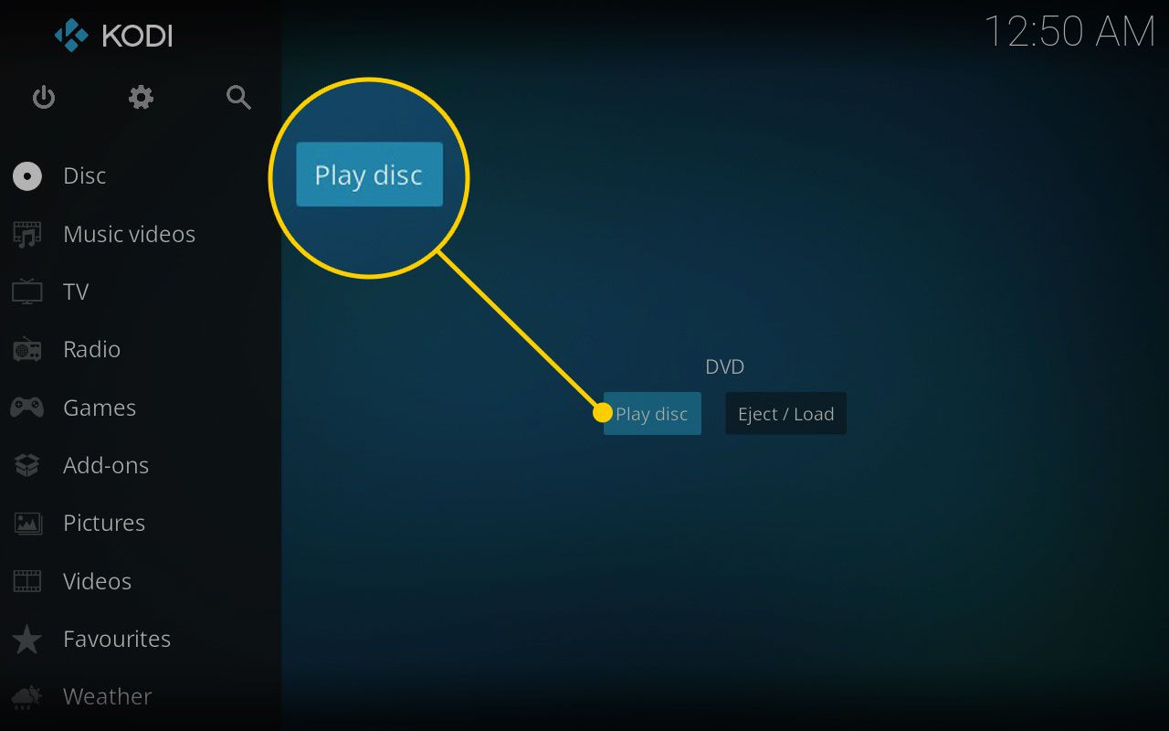 Nabídka Kodi's Disc se zvýrazněným tlačítkem Přehrát disk