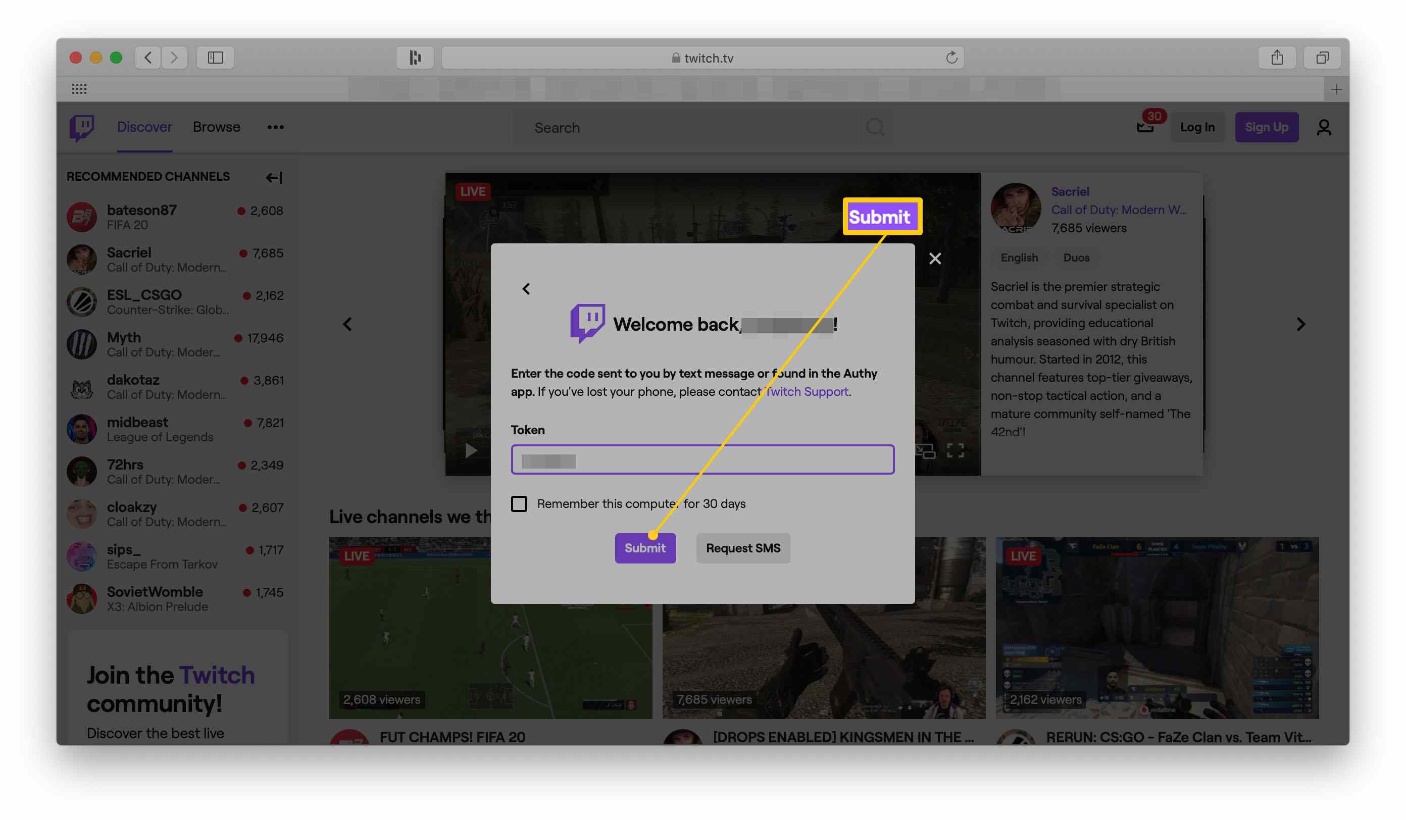 Web Twitch se zvýrazněnou obrazovkou přihlášení dvoufaktorového ověřování