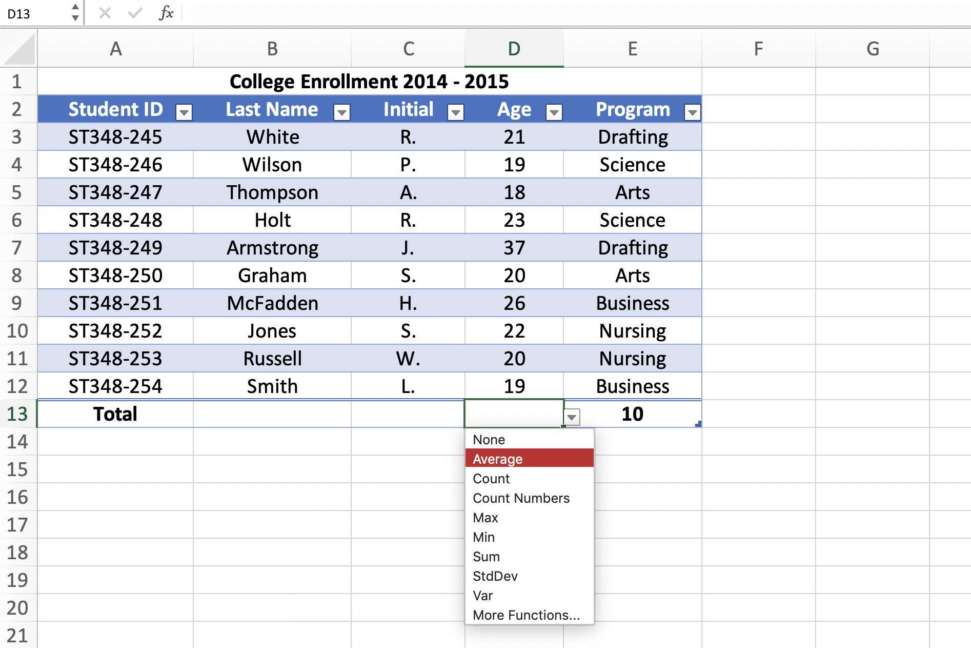Screenshot aplikace Excel zobrazující funkci celkového řádku