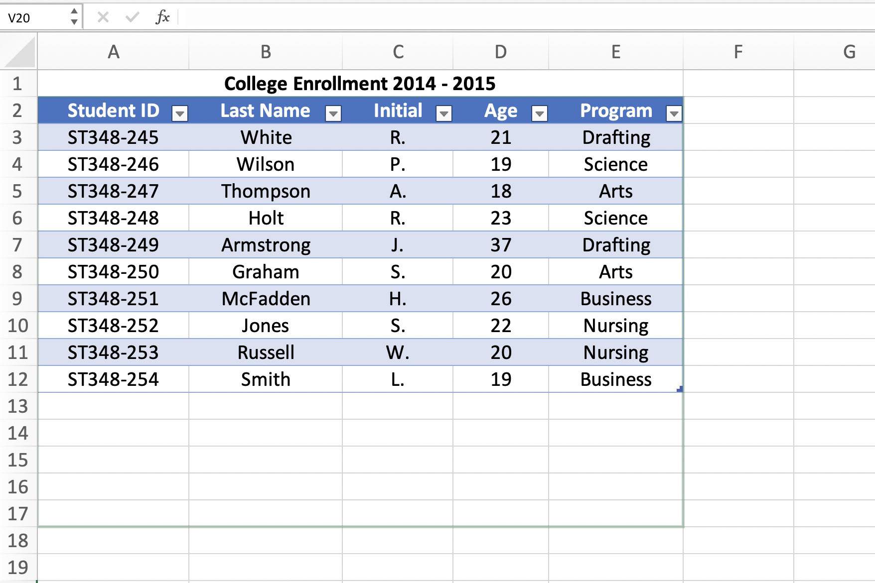 Screenshot aplikace Excel zobrazující rostoucí rozsah tabulky