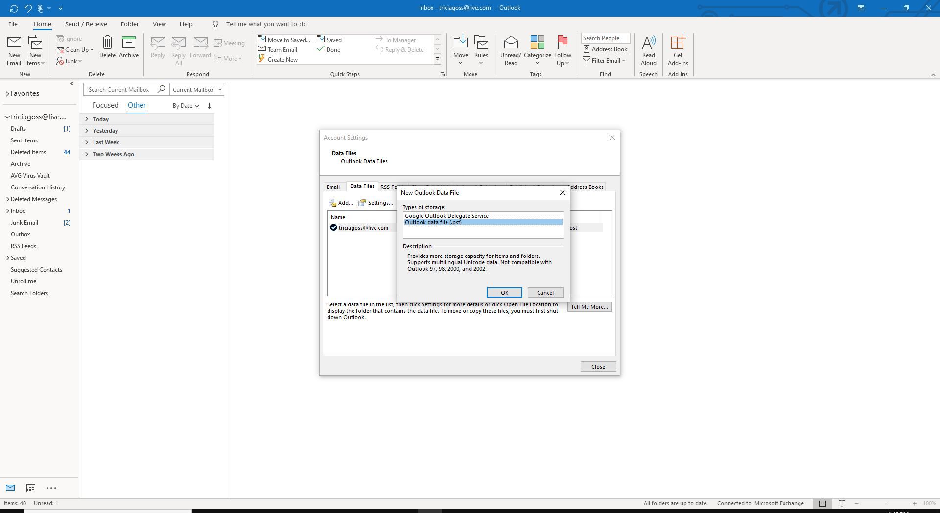 Screenshot nového datového souboru aplikace Outlook