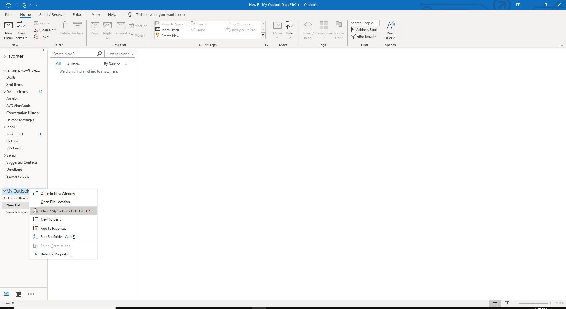Screenshot z Zavřít datový soubor aplikace Outlook v nabídce pravým tlačítkem