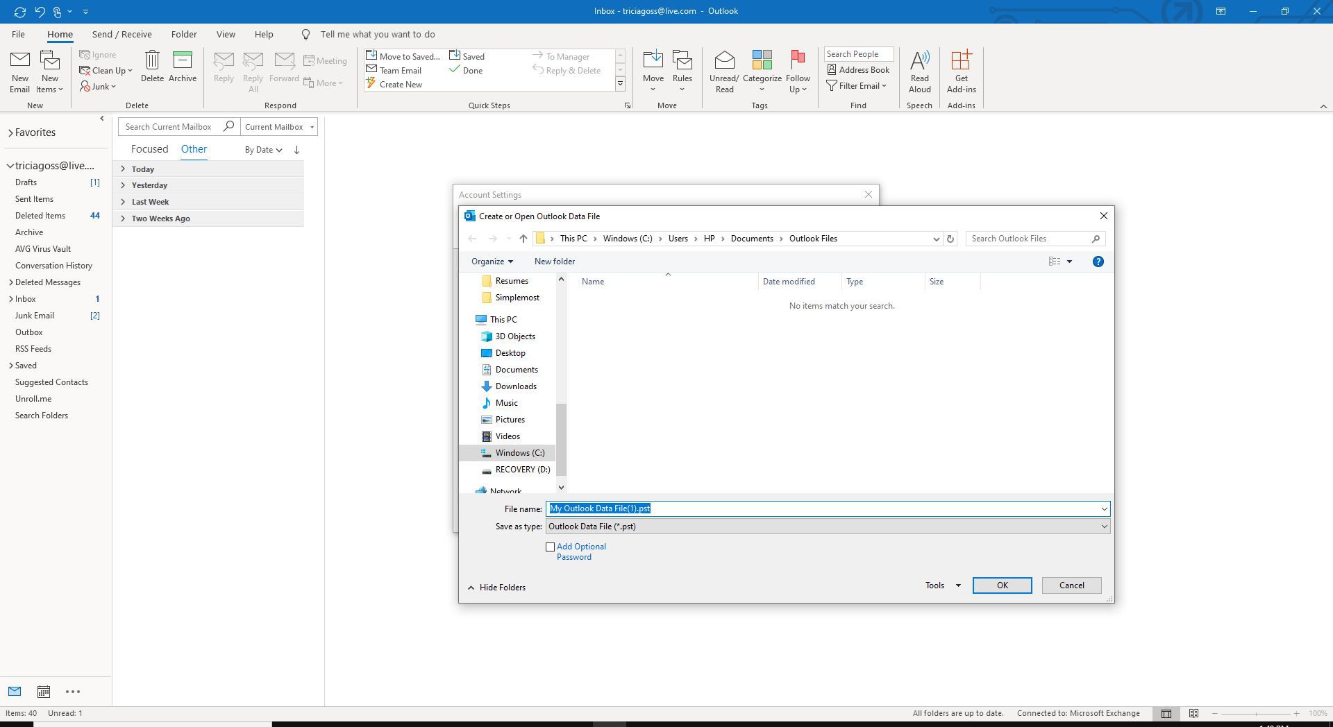 Screenshot vytvoření nebo otevření datového souboru aplikace Outlook