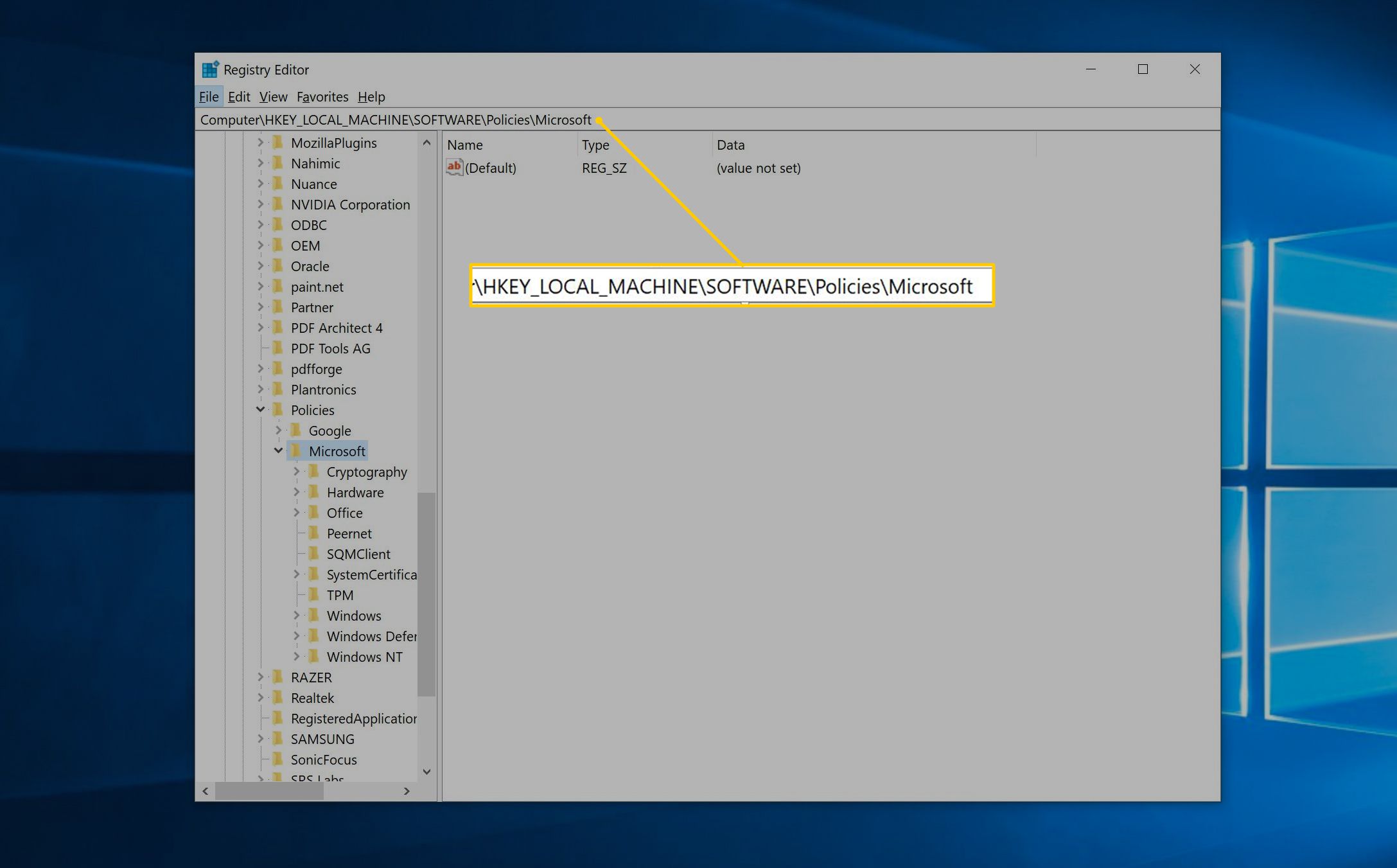 HKEY_LOCAL_MACHINE  SOFTWARE  Policies  Microsoft v Editoru registru pro Windows