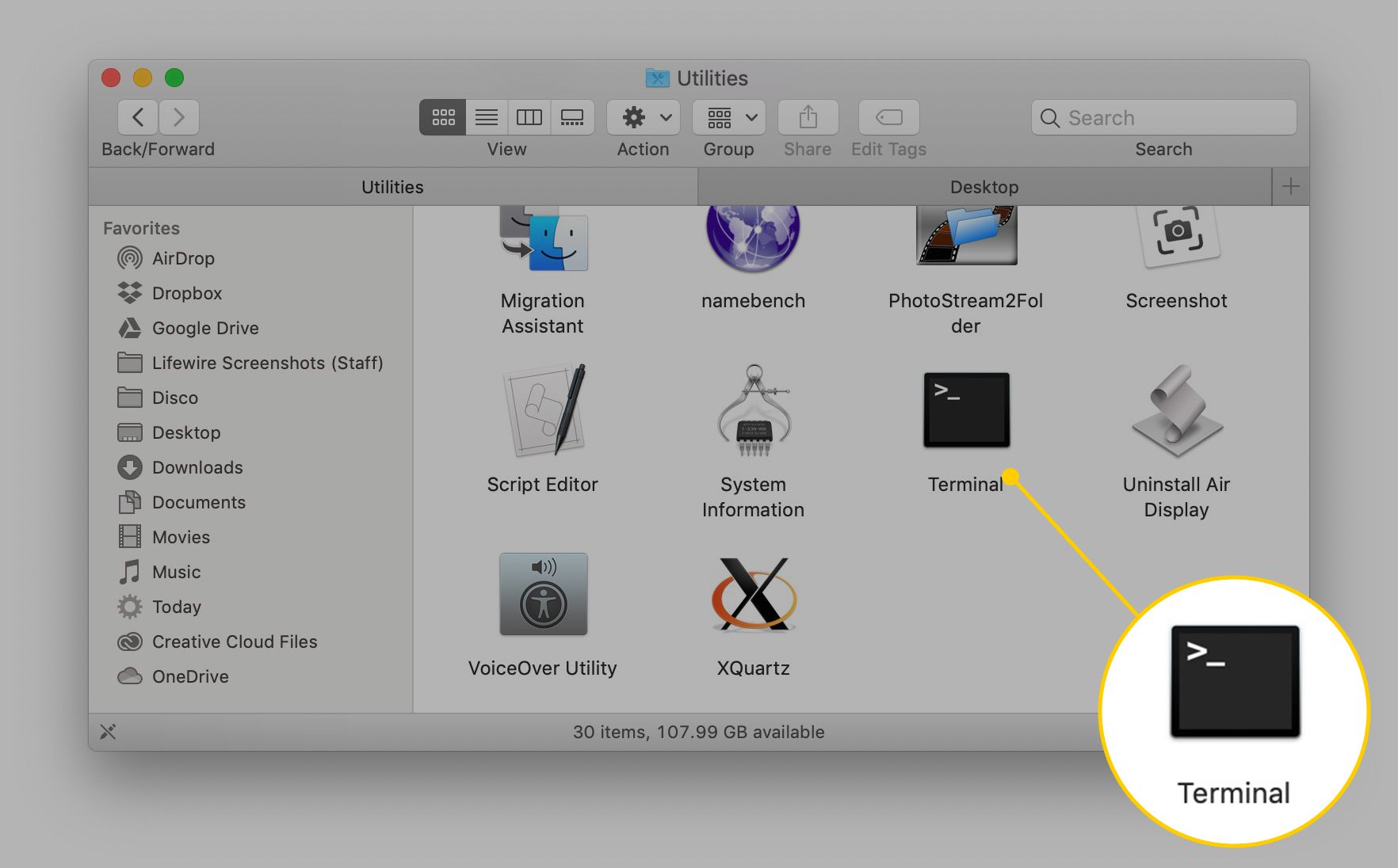 Ikona aplikace terminálu v okně Finderu pro macOS