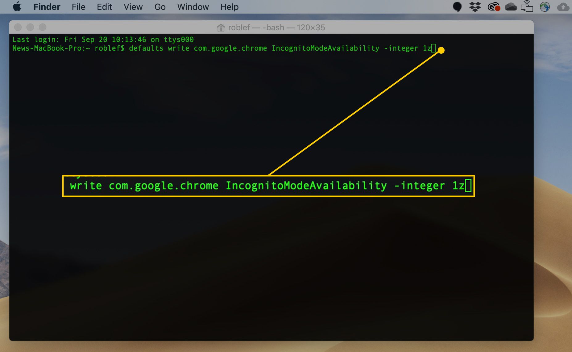Příkaz terminálu macOS pro deaktivaci anonymního režimu