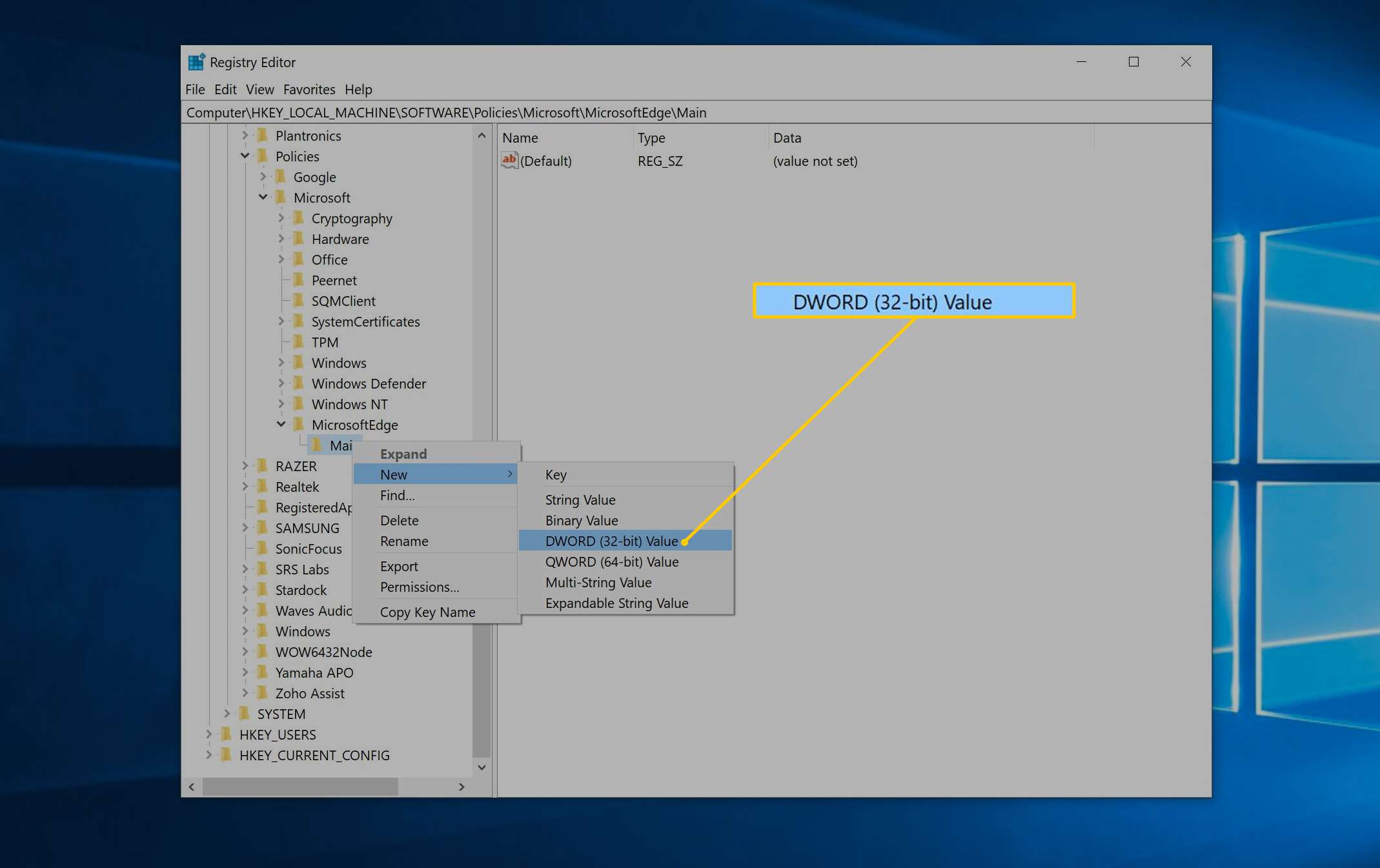 Nová položka nabídky Hodnota DWORD (32bitová) v Editoru registru systému Windows