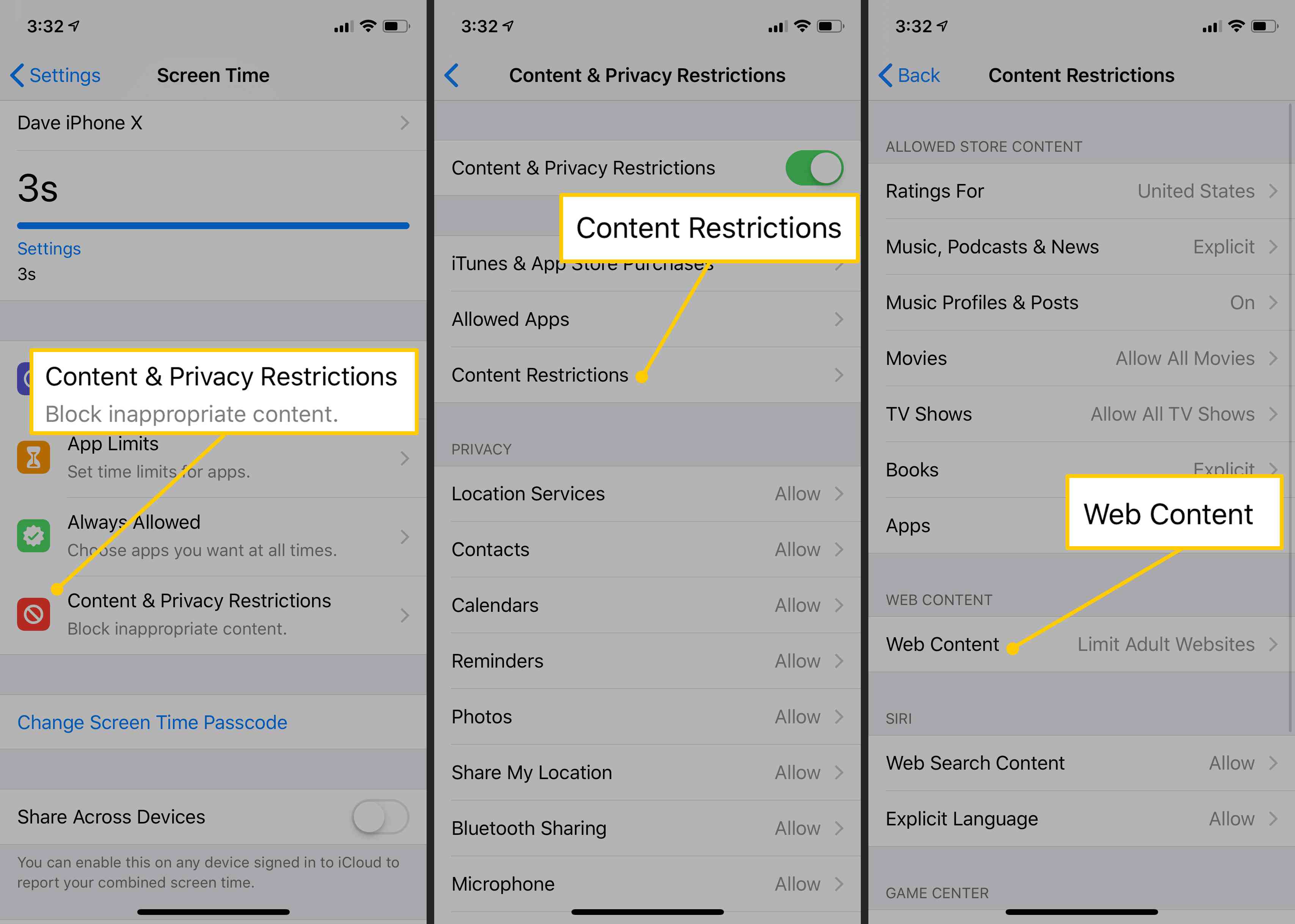Omezení obsahu a soukromí, omezení obsahu, webový obsah v systému iOS