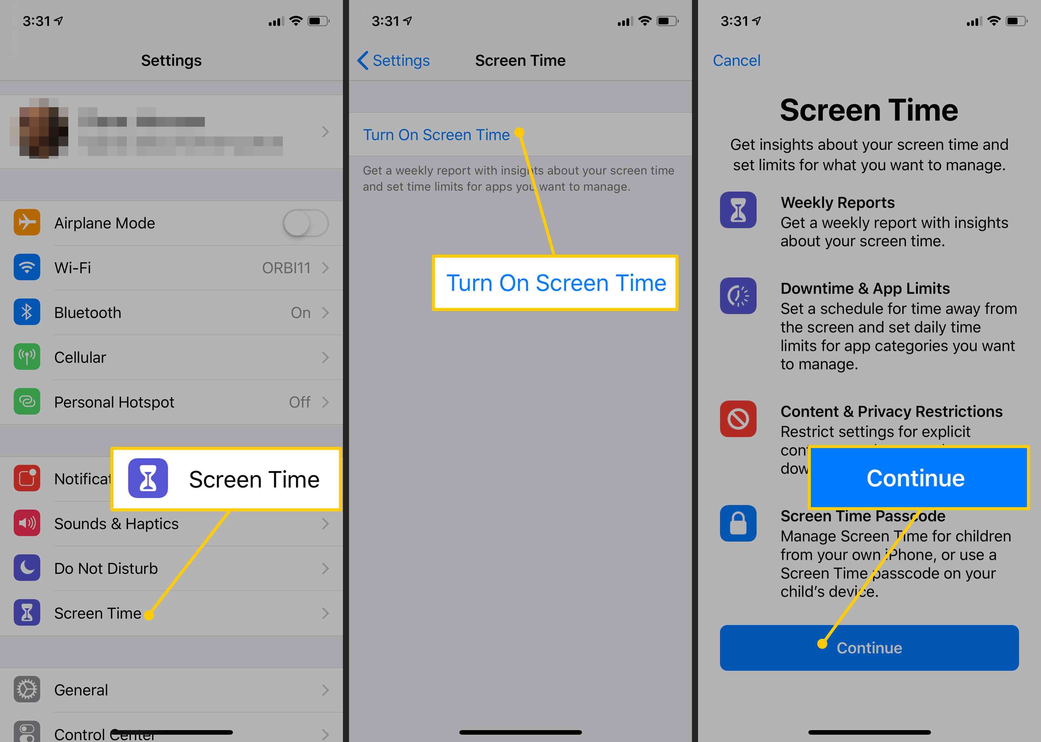 Čas na obrazovce, Zapnout čas na obrazovce, Pokračovat v systému iOS