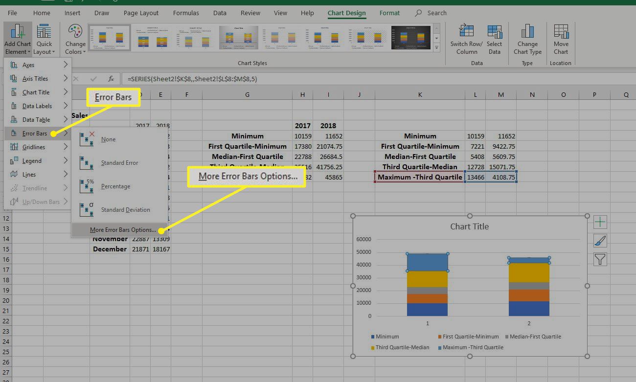 Excel s více zvýrazněnými možnostmi chybových pruhů