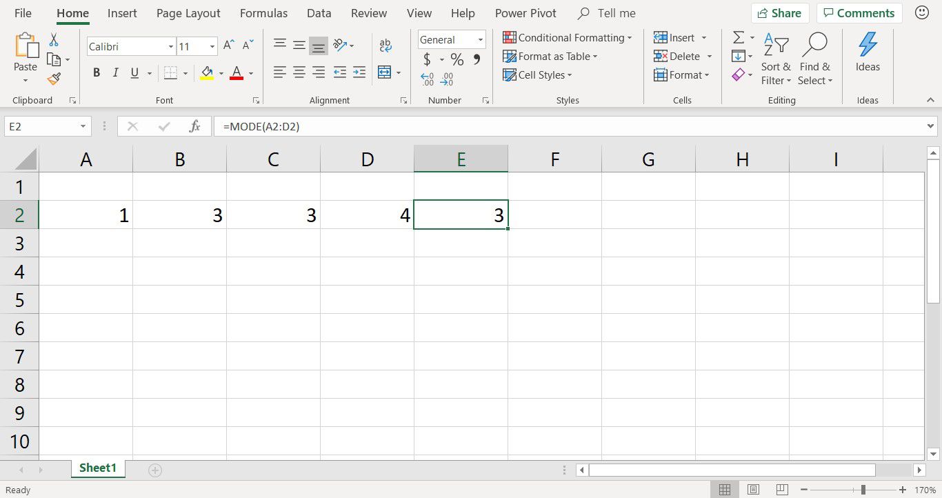 Screenshot zobrazující vyplněný vzorec pomocí funkce REŽIM v aplikaci Excel