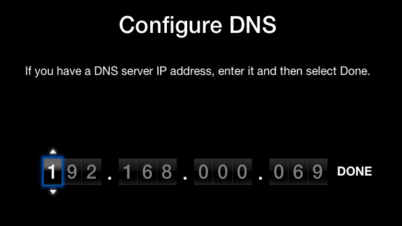 Obrazovka Konfigurace DNS z Apple TV