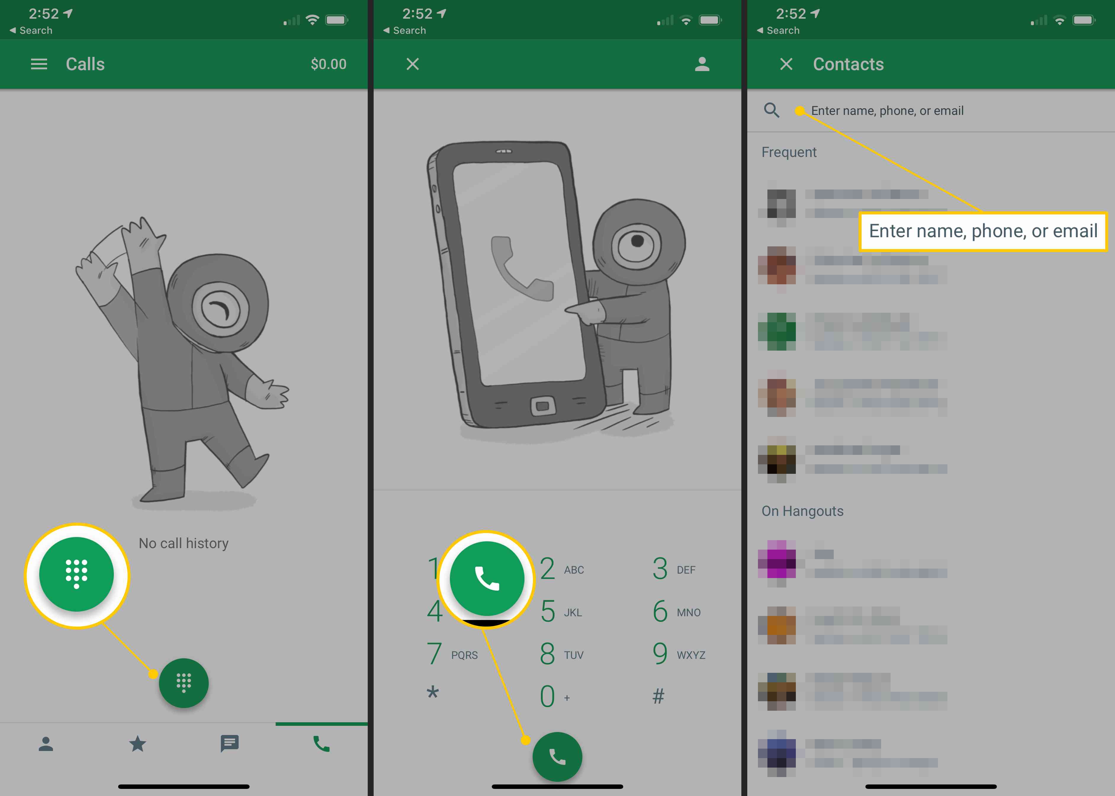 Dialer, ikona telefonního hovoru, vyhledávání kontaktů v mobilní aplikaci Hangouts pro iOS