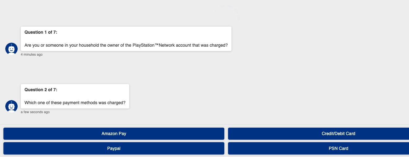 Potvrzení způsobu platby pomocí robota podpory PlayStation.