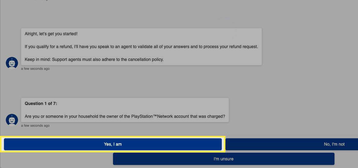 Potvrzení vlastnictví účtu PlayStation Network pomocí robota podpory PlayStation.