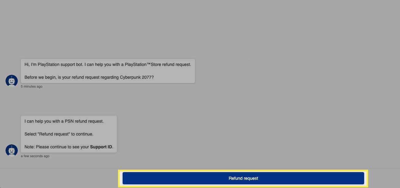 Výběr „Žádost o vrácení peněz“ z robota podpory PlayStation.