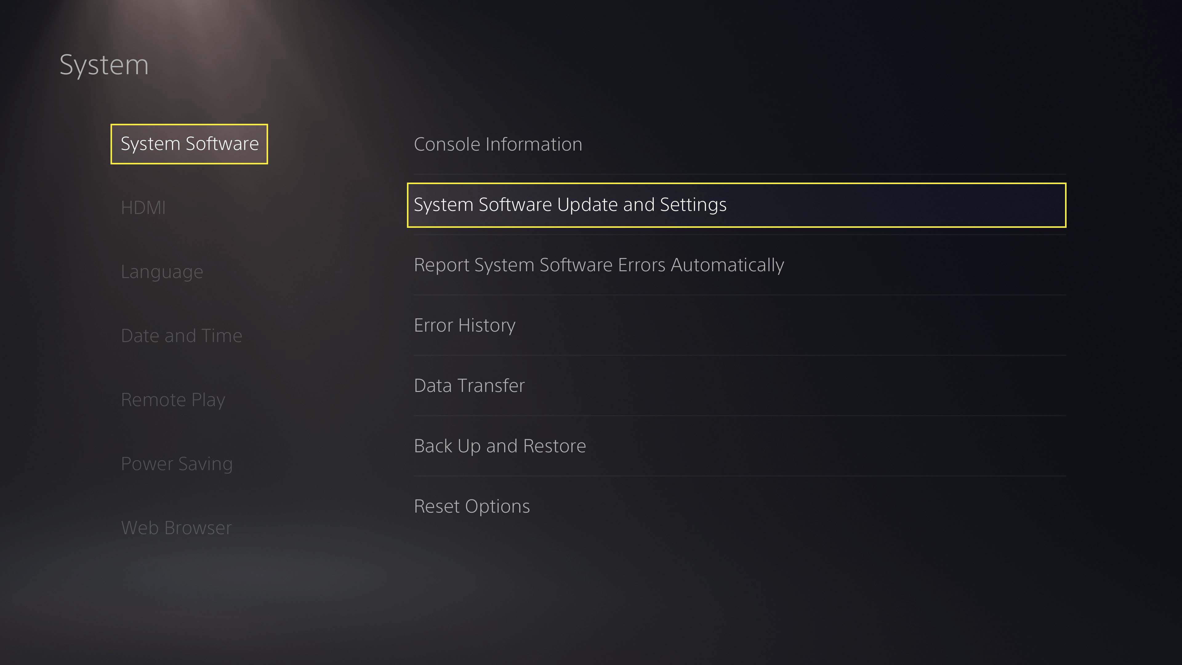 V části Nastavení systému PS5 vyberte možnost Aktualizace a nastavení systémového softwaru.