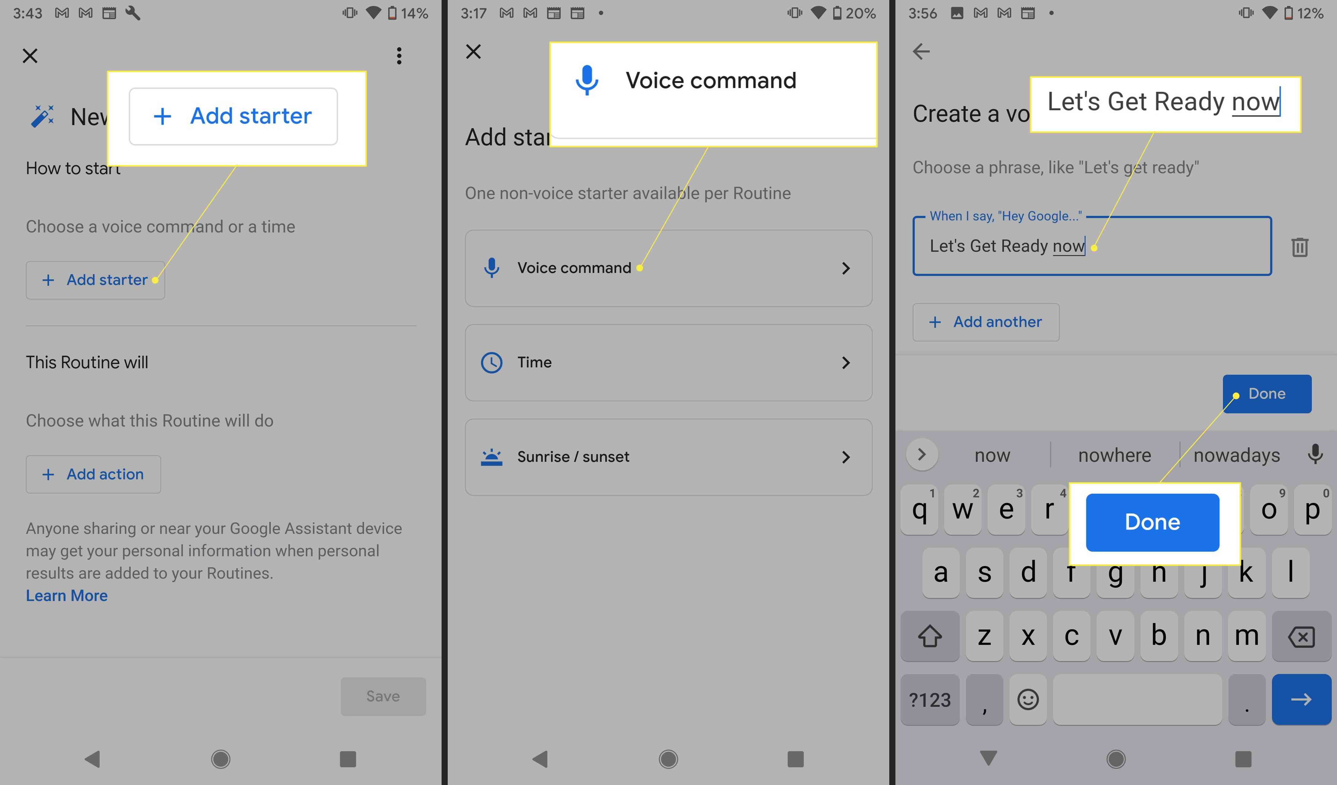 Nastavení Google Assistant s "Přidat Starter," "Hlasový příkaz," a "Pojďme se připravit" zvýrazněno"