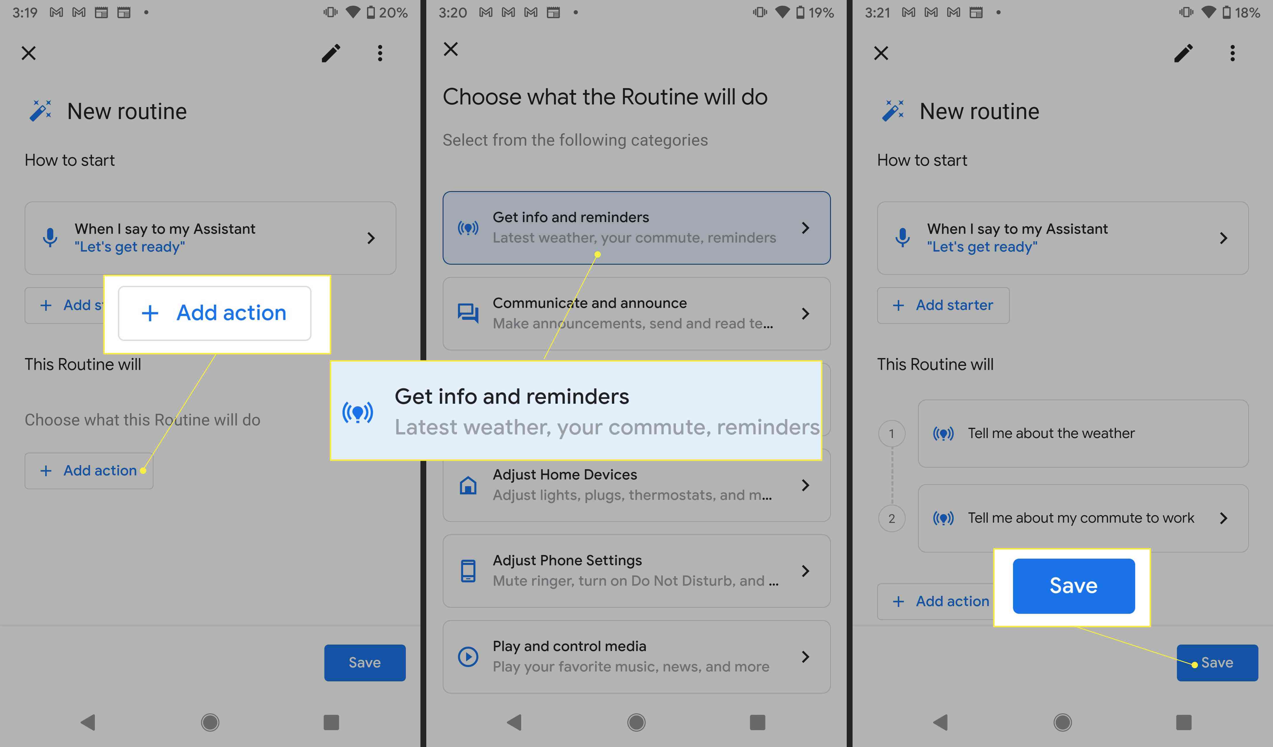 Nastavení rutiny Asistenta Google se zvýrazněnými možnostmi „Přidat akci“, „Získat informace a připomenutí“ a „Uložit“