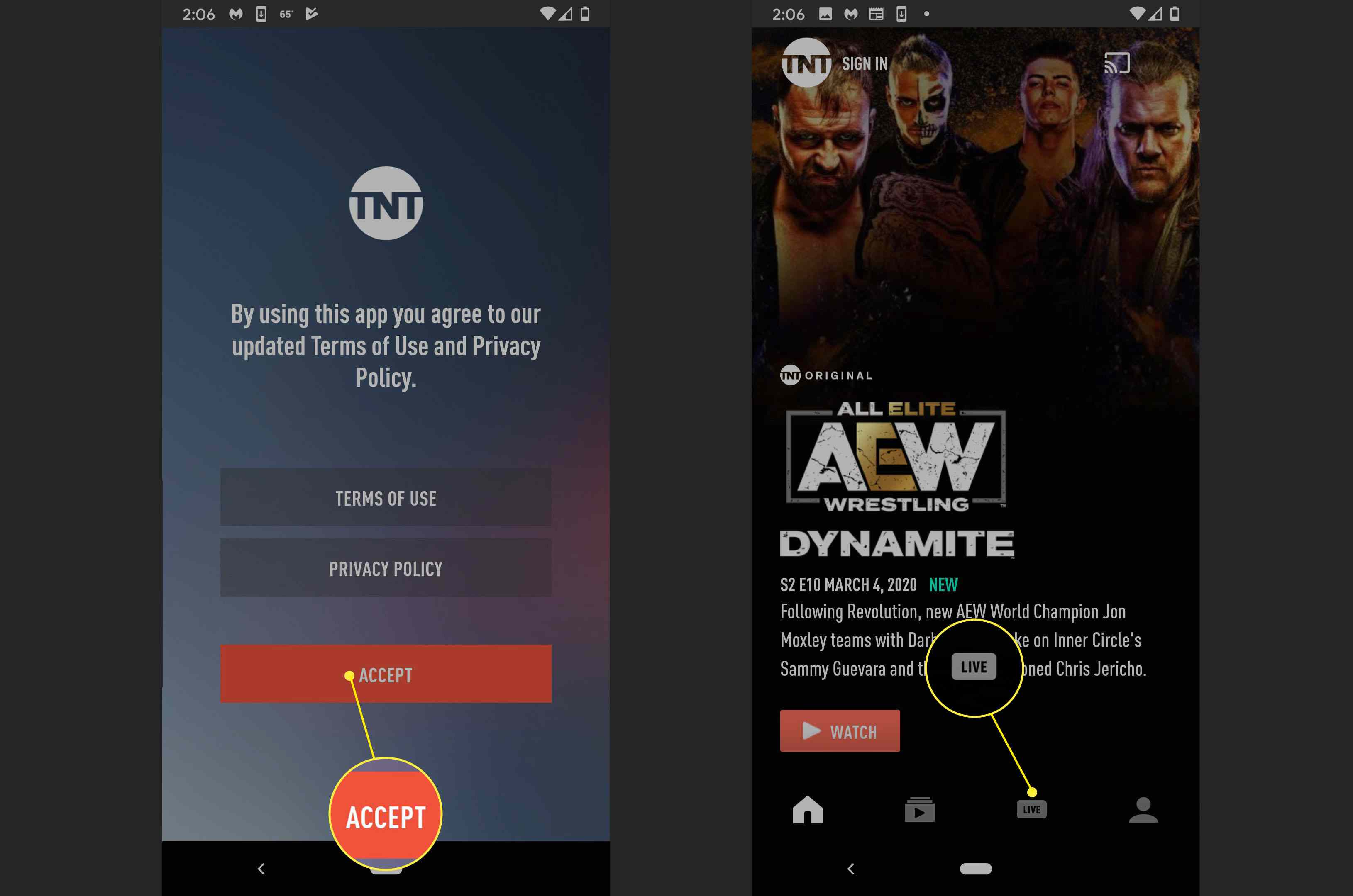 Umístění možnosti LIVE v aplikaci pro streamování TNT.