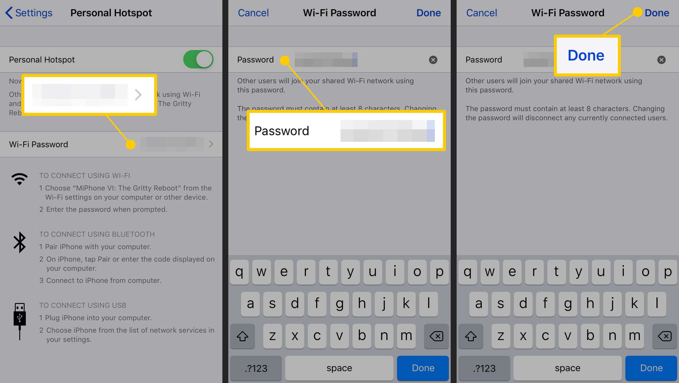 Obrazovky osobního hotspotu a změny hesla na iPhonu