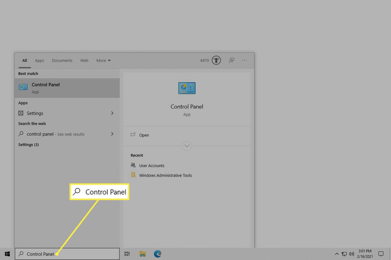 Položka ovládacího panelu uvedená ve vyhledávání Windows 10