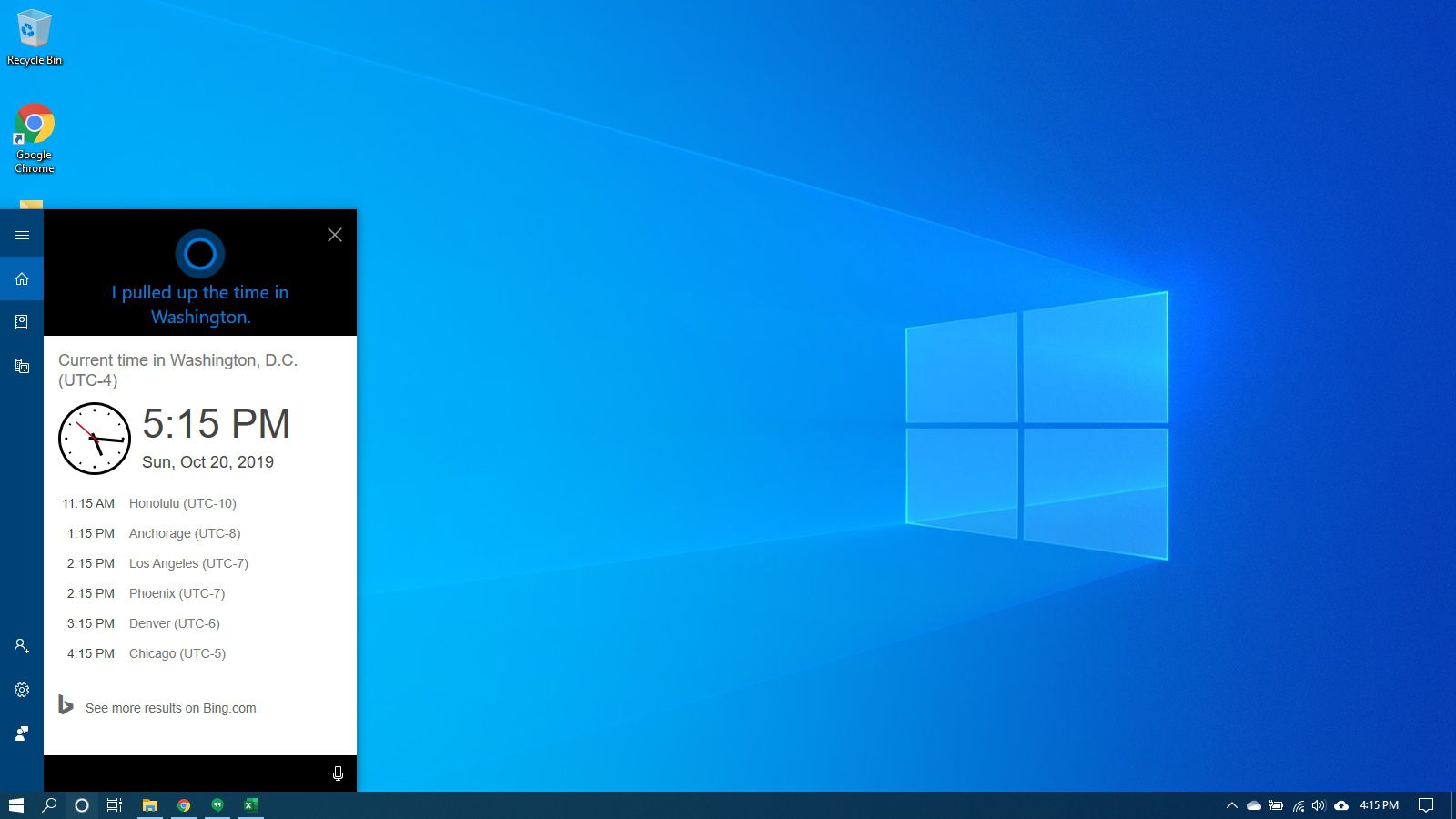 Cortana dává čas ve Windows 10.