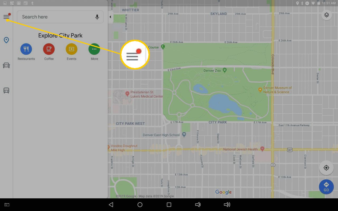 Ikona „Hamburger“ v levé horní části Map Google v systému Android