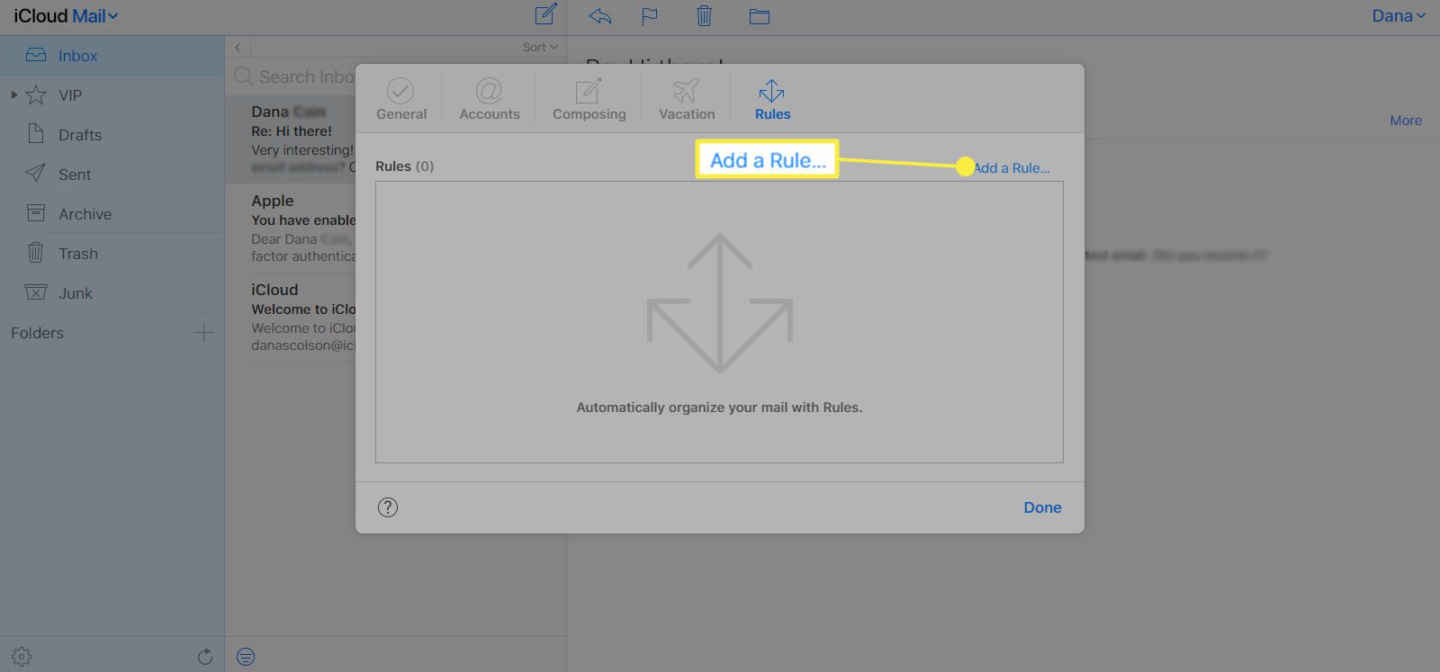 Výběr možnosti „Přidat pravidlo“ v aplikaci iCloud Mail