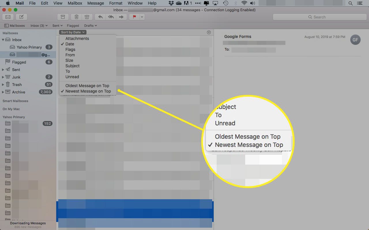 Nabídka řazení v OS X Mail se zvýrazněnými možnostmi vzestupného / sestupného pořadí
