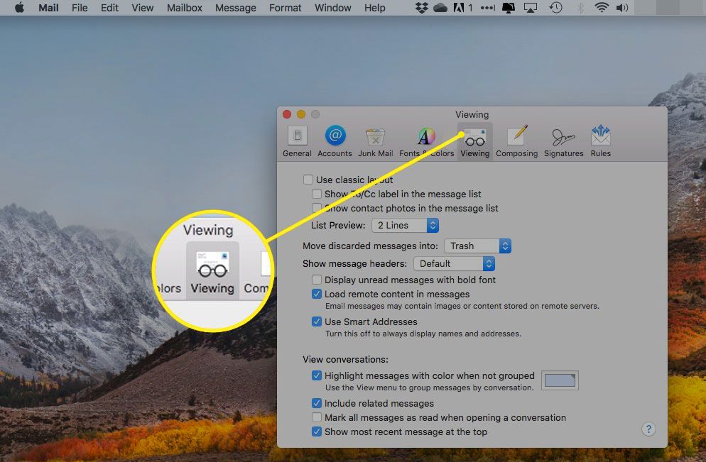 Předvolby v OS X Mail se zvýrazněnou záložkou Zobrazení